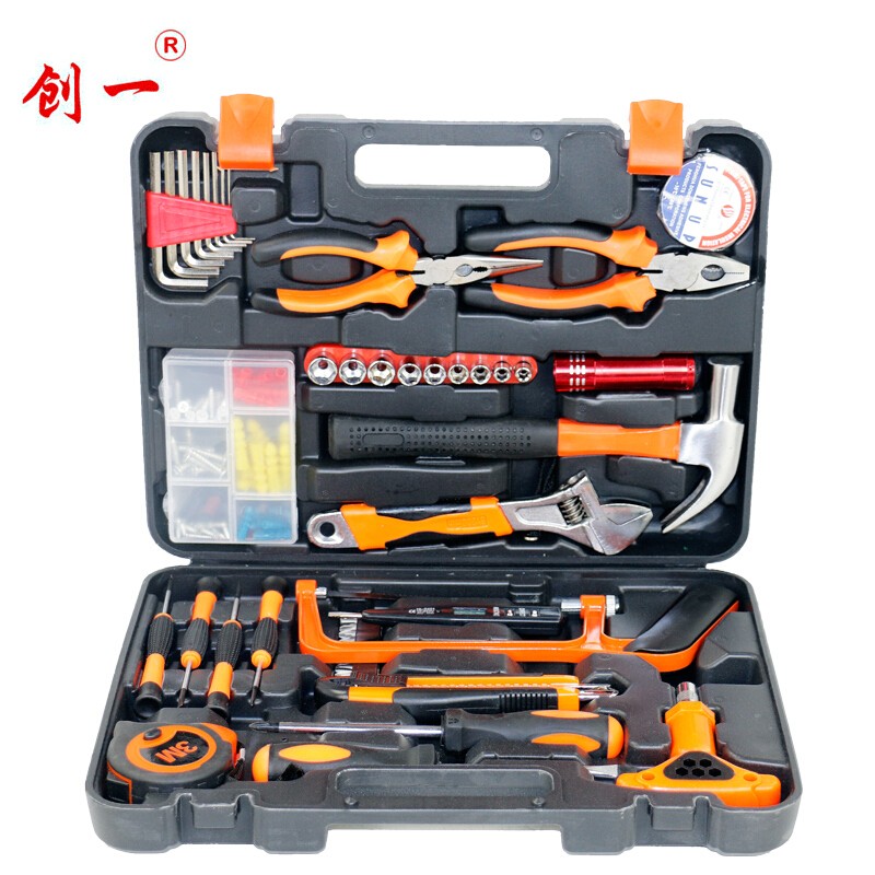 创一工具箱组合套装电筒虎钳尖咀钳羊角锤子螺丝刀美工刀内六角扳手手动工具家庭办公备