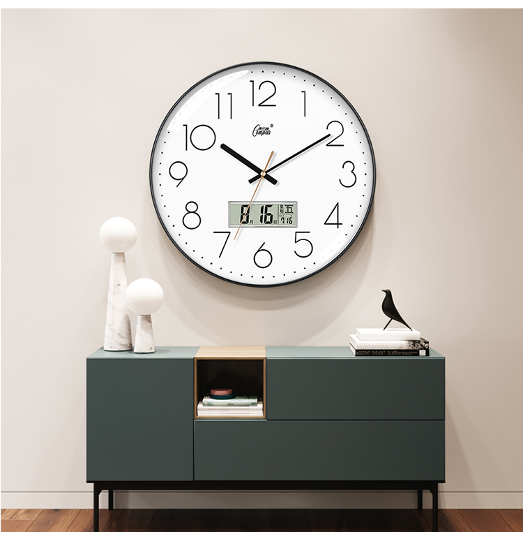康巴丝(compas)挂钟16英寸万年历温湿度钟表客厅静音时钟 简约方形