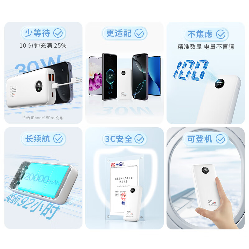 京东京造30W双向快充20000毫安时充电宝可上飞机大容量户外移动电源适用苹果1